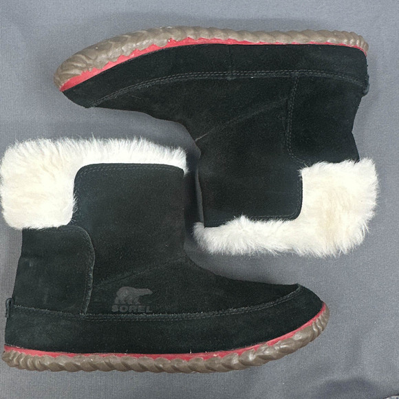 Sorel Out N About Bootie 7 Black Sherpa Faux Fur Outdoorsy Leather Suede Winter - Picture 10 of 14
